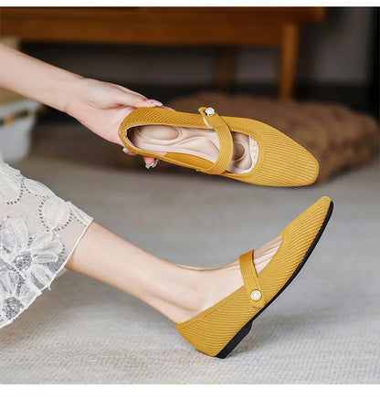 Women Stretchy Mary Jane Flats - Ribbed Knit For Spring