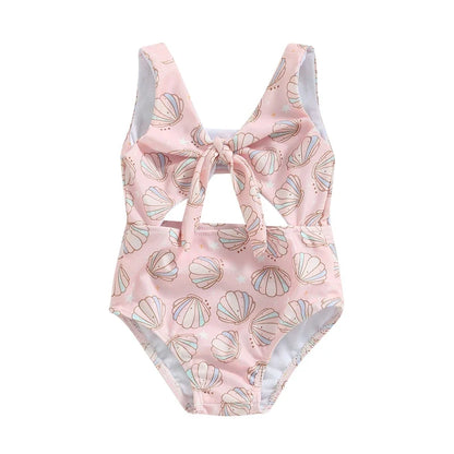 Plush Toddler Girls' One-Piece Swimsuit - Floral Print Bow-Tie Detail, Polyester, For Summer