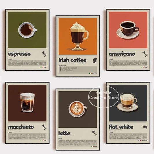 Wall Coffee Art Six Panel Minimalist Kitchen Cafe Decor