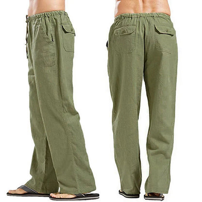 Color Solid Multi-Pocket Linen Men Pants - Casual Breathable Summer Trouser, Large Size