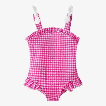 Fast-Dry Unisex Kids Swimsuit - One-Piece Gingham Plaid, Polyester, For Summer Vacation