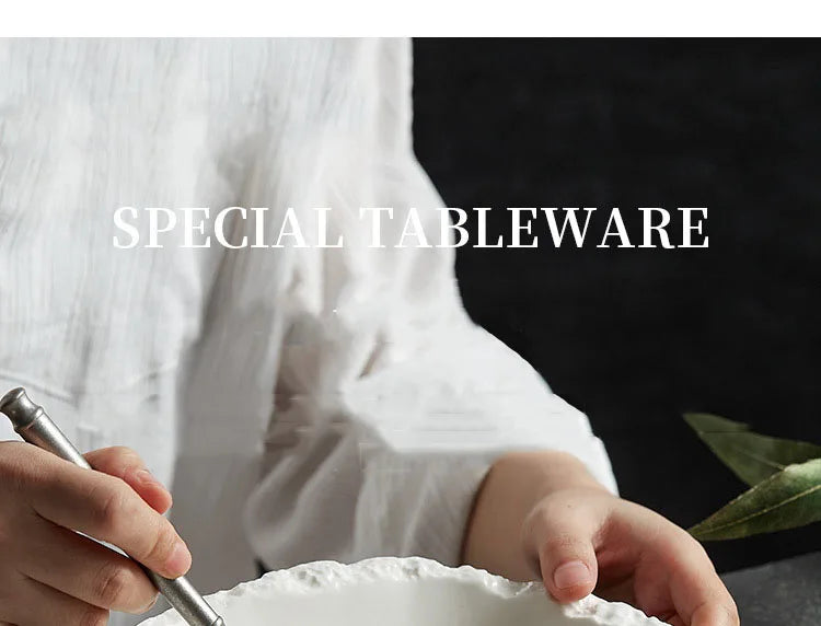 White Porcelain Rock Edge Soup Bowl Contemporary Tableware