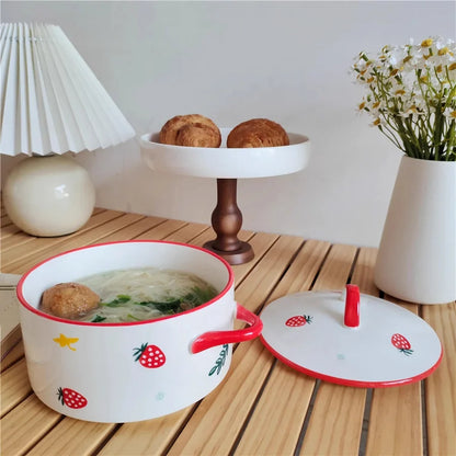 1000ml Ceramic Covered Noodle Bowl Microwave Safe With Lid