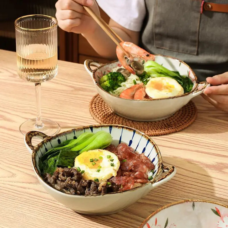 7.5 Ceramic Inch Noodle Bowl With Handles Floral Porcelain