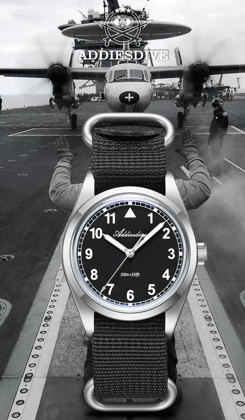 Water-Resistant Diver Quartz Watch Luminous Hands, Nylon Strap, 100m Water Resistance