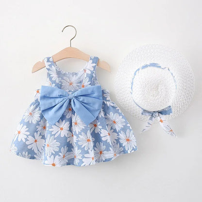 Plush baby girls dress - sleeveless, floral bow-embellished, cotton-polyester blend, for summer outings