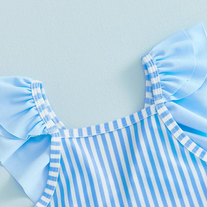 Baby Breathable Girls Swim Romper - Striped Print, Flutter Sleeves, Polyester-Elastane Blend, For Pool and Beach