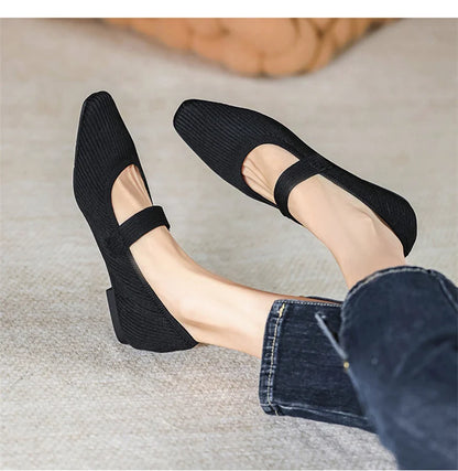 Women Stretchy Mary Jane Flats - Ribbed Knit For Spring