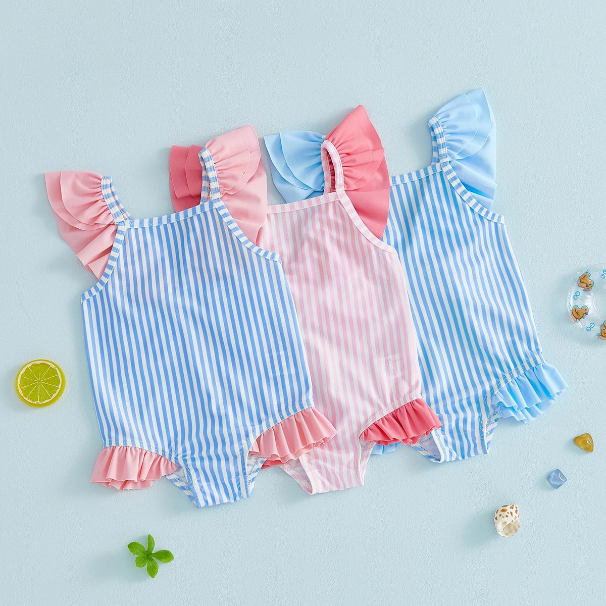 Baby Breathable Girls Swim Romper - Striped Print, Flutter Sleeves, Polyester-Elastane Blend, For Pool and Beach