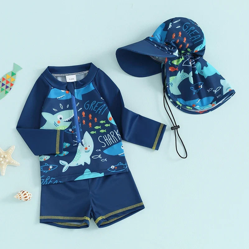 Fast-dry baby boys rash guard swimsuit set - long sleeve zip-up, fish print, polyester, summer beachwear