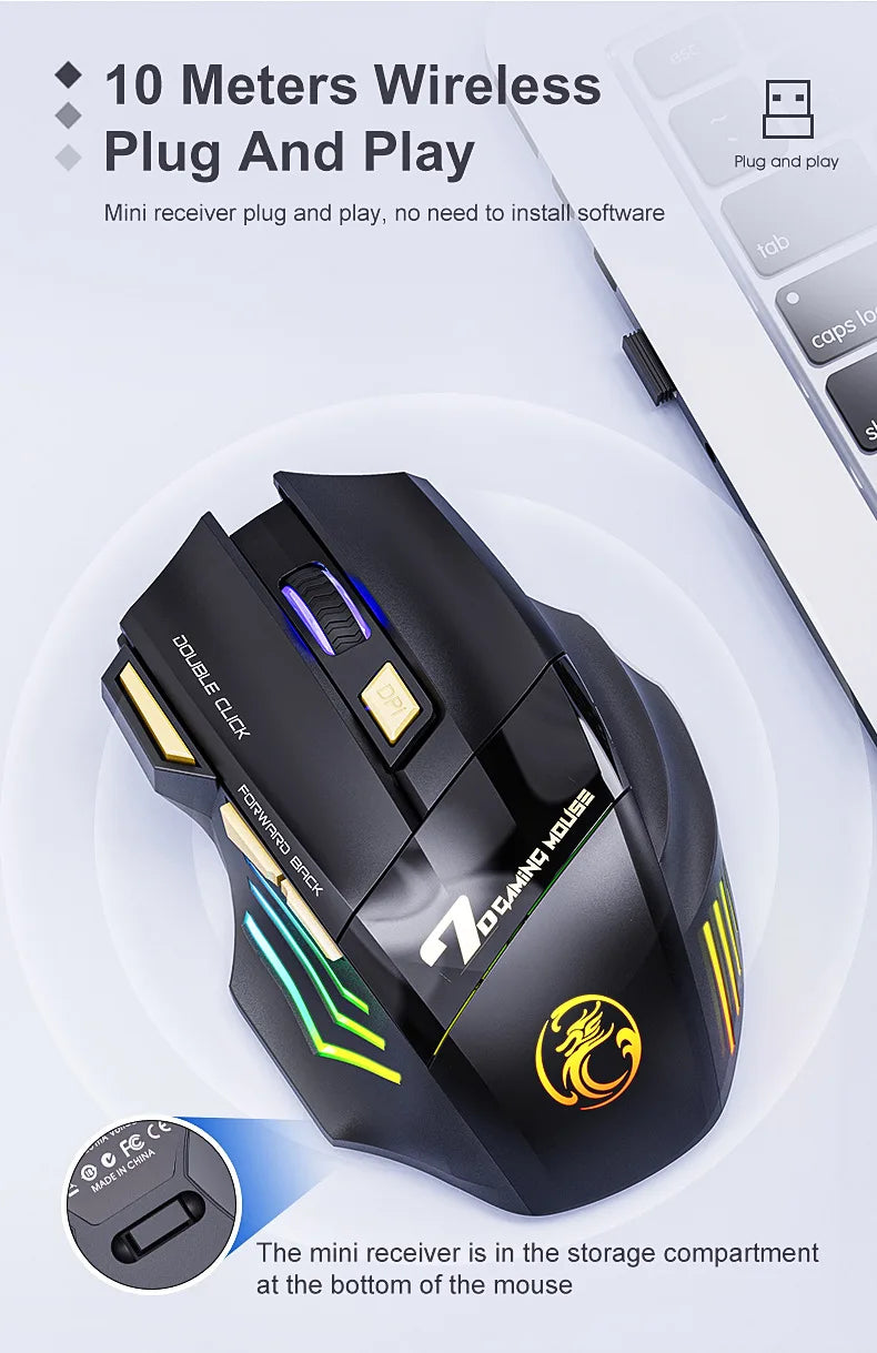 Cordless Gaming Mouse 3200DPI Dual Mode Battery-Powered