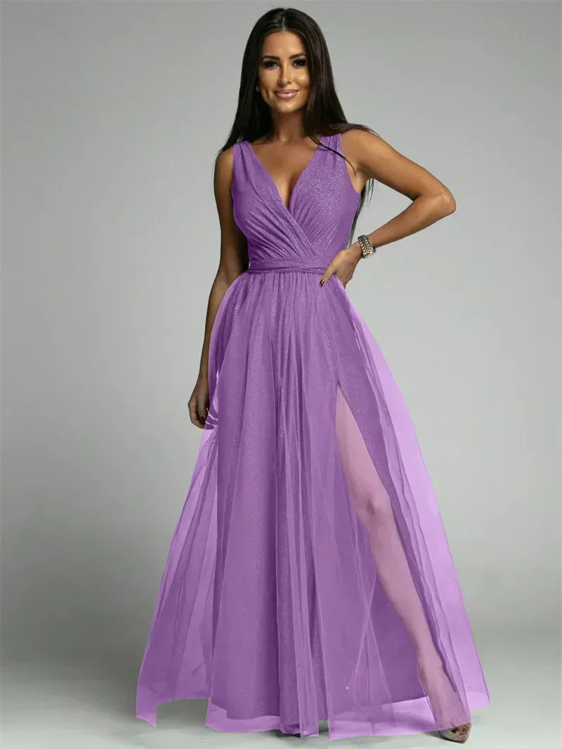 Elegant V-Neck Sleeveless Dress with Slit Hem, Plus Size Formal Wedding Guest Cocktail Dress-6