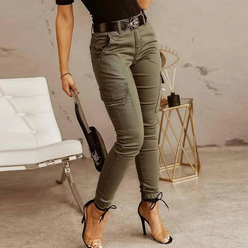Variant image for Stylish Women's Cargo Jeans with Pockets, Comfortable Stretch Fabric, Modern Fit, Available in Armed Green, Navy Blue, Gray-1