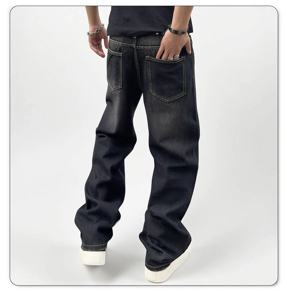 Men's Oversized Jeans - Straight Cut, Washed Denim, Autumn