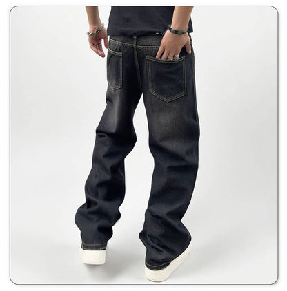 Men's Oversized Jeans - Straight Cut, Washed Denim, Autumn