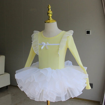 Light girls ballet leotard set - puff-sleeve top, tulle tutu skirt, polyester, for dance class
