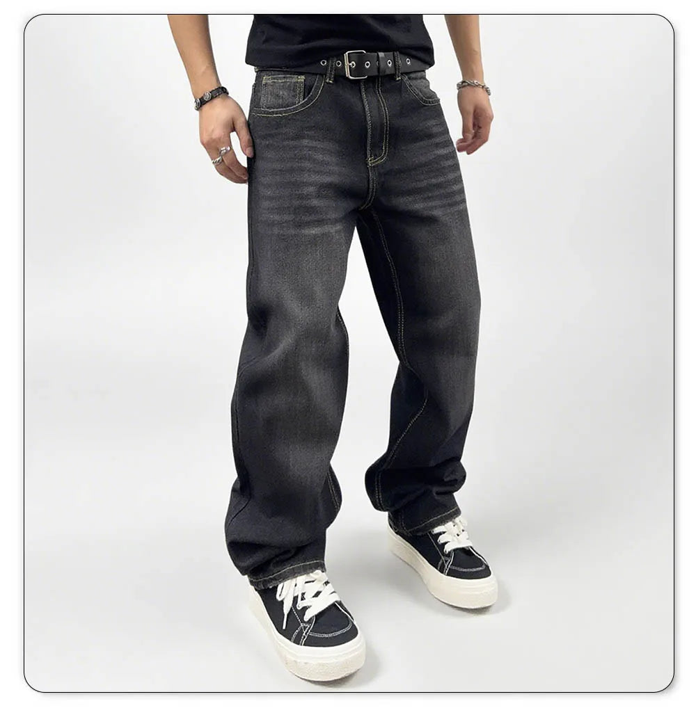 Men's Oversized Jeans - Straight Cut, Washed Denim, Autumn