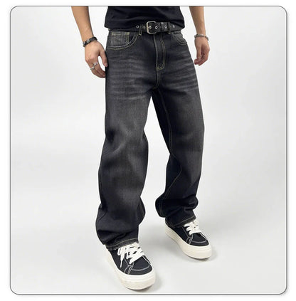 Men's Oversized Jeans - Straight Cut, Washed Denim, Autumn