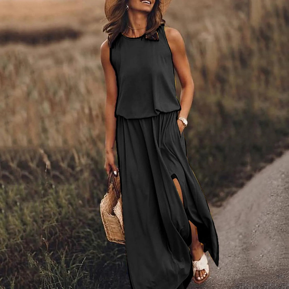 Spring/Summer Women's Trendy Retro Sleeveless Dress, Solid Color Two-Piece Kit