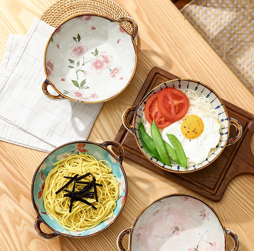 7.5 Ceramic Inch Noodle Bowl With Handles Floral Porcelain