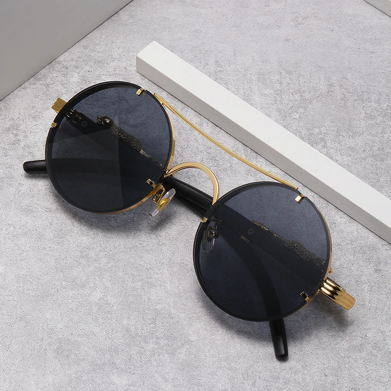 Punk Retro Round Sunglasses for Men & Women - Fashionable Double Bridge Design for Travel and Shopping