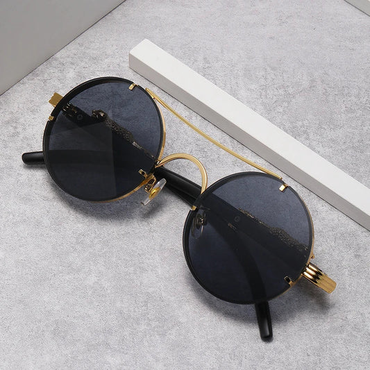 Punk Retro Round Sunglasses for Men & Women - Fashionable Double Bridge Design for Travel and Shopping