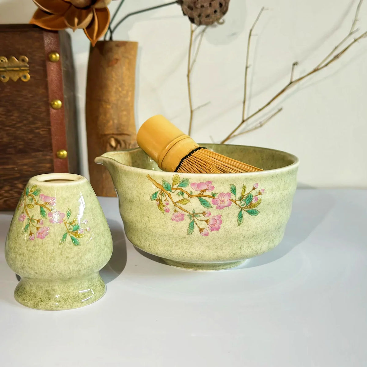 Matcha Tea Kit Porcelain Bowl Bamboo Whisk Traditional Box