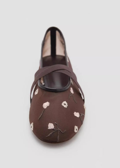 Light Women Ballet Flats - Mary Jane, Embroidered Mesh