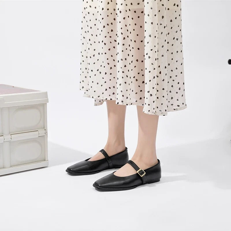 Women Supportive Mary Jane Flats - Square Toe, Leather
