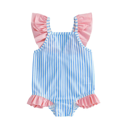 Baby Breathable Girls Swim Romper - Striped Print, Flutter Sleeves, Polyester-Elastane Blend, For Pool and Beach
