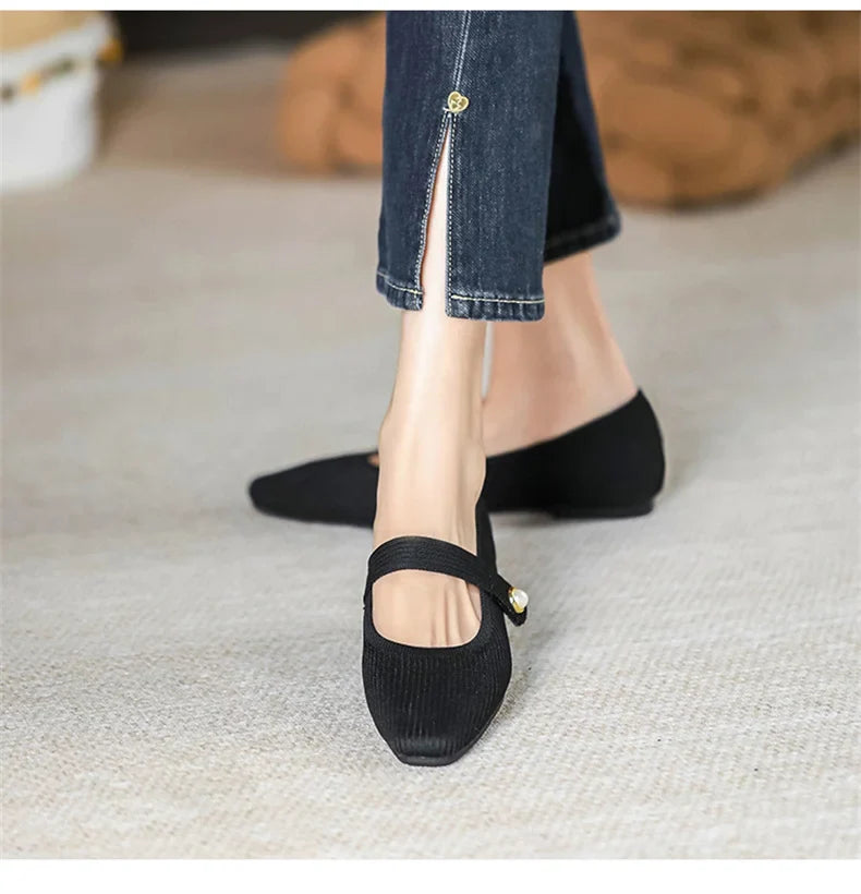 Women Stretchy Mary Jane Flats - Ribbed Knit For Spring