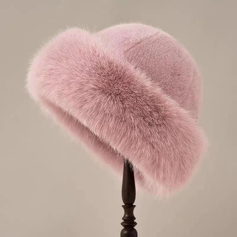 Women's Insulating Faux Fur Winter Hat - Rolled Brim, Plush