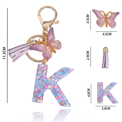 Letter Sequin Keychain With Butterfly Tassel Charm