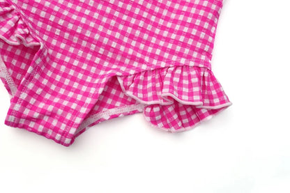 Fast-Dry Unisex Kids Swimsuit - One-Piece Gingham Plaid, Polyester, For Summer Vacation