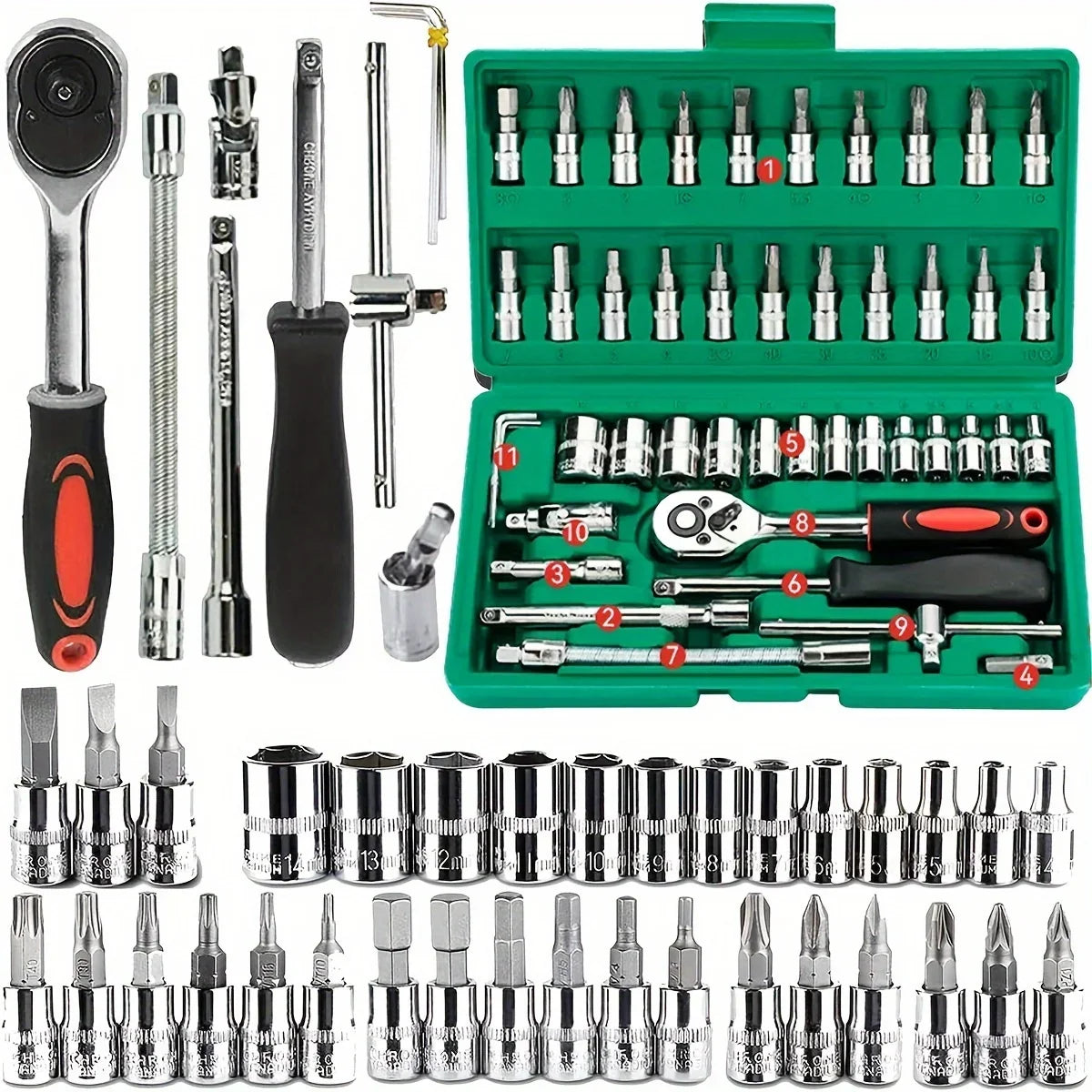Household Tools Drive Socket Kit - 1/4 Inch Ratchet Wrench & Metric Hex Bit Kit for Mechanics