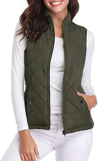 Light Women Quilted Vest - Stand Collar Cotton Winter