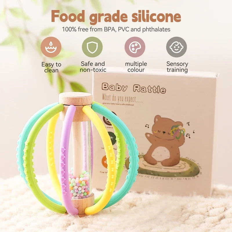 Rattle Baby Silicone Teether Wooden Newborn Sensory Toys