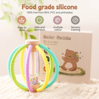 Rattle Baby Silicone Teether Wooden Newborn Sensory Toys