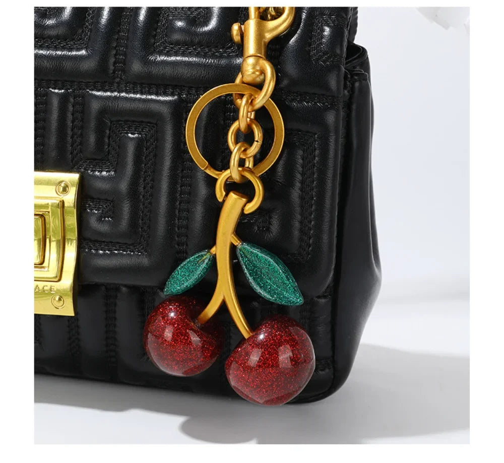 Cherry Red Keychain Bag Charm With Gold Leaf Lobster Clasp