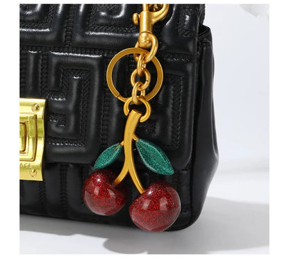 Cherry Red Keychain Bag Charm With Gold Leaf Lobster Clasp