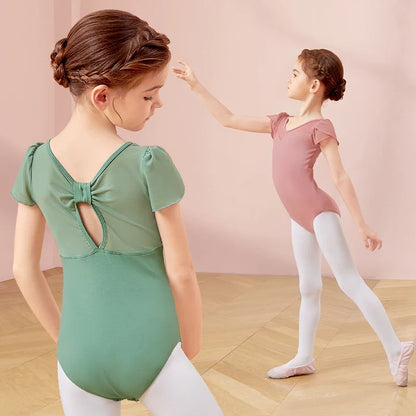 girls' Stretchy ballet leotard - short sleeve, back bow detail, cotton-elastane, for dance class