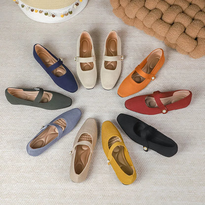 Women Stretchy Mary Jane Flats - Ribbed Knit For Spring