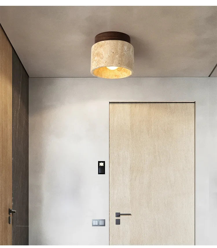 Travertine Japandi Ceiling Light Wood Cap Round Mid Century Lamp