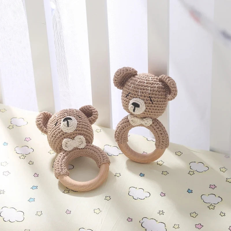 Bear Crochet Teether Rattle Ring Newborn Sensory Toys