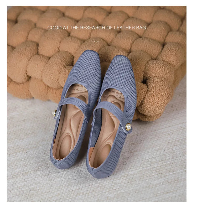 Women Stretchy Mary Jane Flats - Ribbed Knit For Spring