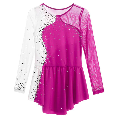 long sleeve rhinestone accents, jersey, dance performance costume – Stretchy girls figure skating dress