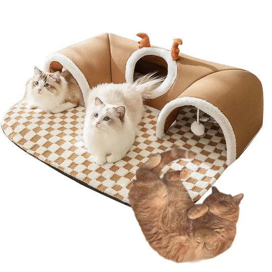 Pet Cat Tunnel Bed House with Peekaboo Plush Toy for Kittens and Compact Pets