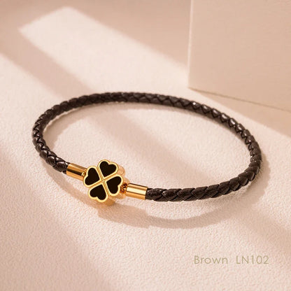 Leaf Four Clover Braided Leather Lucky Bracelet Gift
