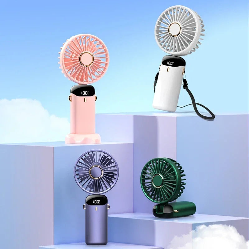 Hand-Held Mini Fan 3000mAh Travel-Friendly USB Battery-Powered Desk Fan 5 Speed Neck Hanging Outdoor Display Screen