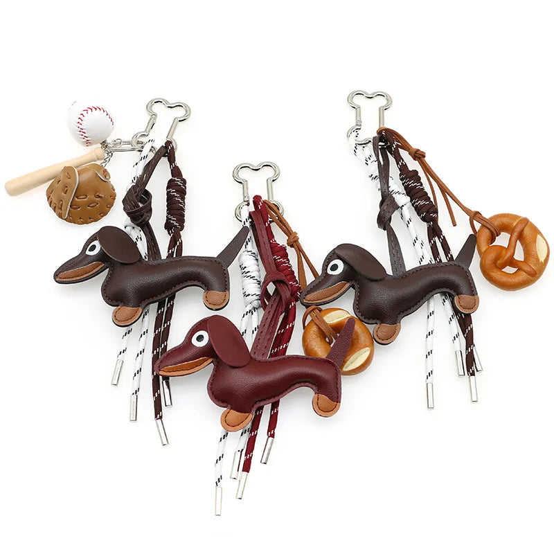 Pu Dachshund Leather Bag Charm Baseball Keychain Gift